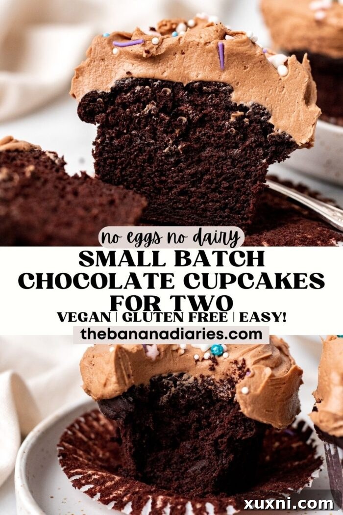 Pinterest pin for Super Moist Small Batch Chocolate Cupcakes, showcasing a beautifully frosted vegan and gluten-free cupcake, perfect for sharing.