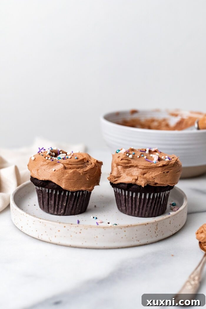 Two elegantly frosted small batch chocolate cupcakes, garnished with colorful sprinkles, presented on a delicate plate, ready to be enjoyed.
