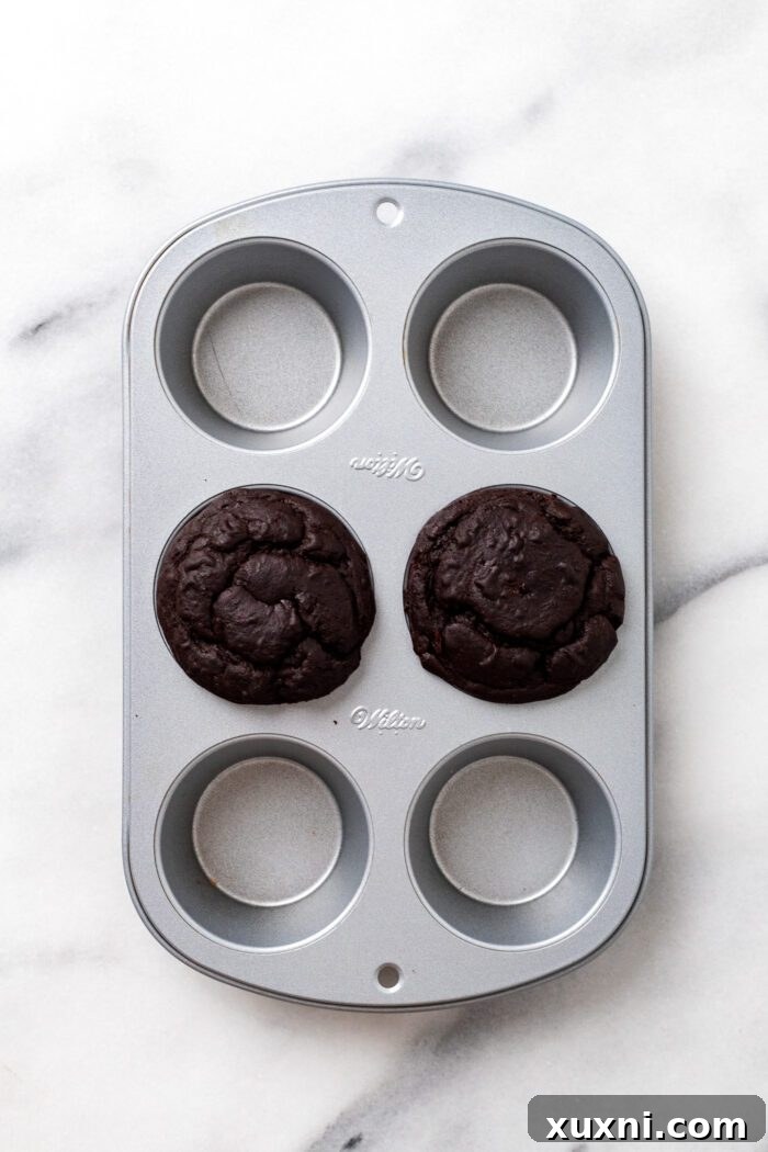 Two freshly baked chocolate cupcakes cooling in a muffin tin, ready for frosting.