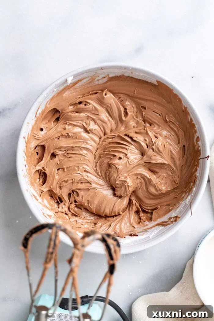 A bowl filled with rich, creamy vegan chocolate sour cream buttercream, perfectly whipped and ready for frosting.