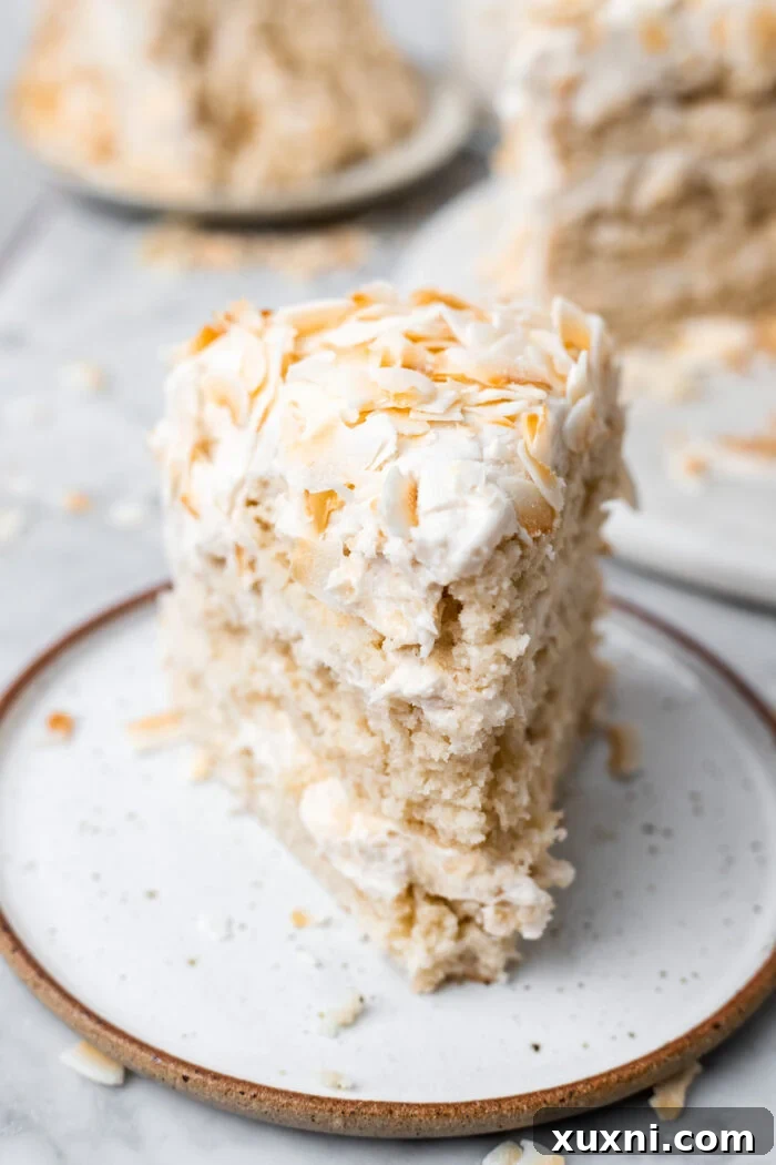 A slice of perfect vegan coconut cake on a white plate, showcasing its fluffy texture and rich frosting.