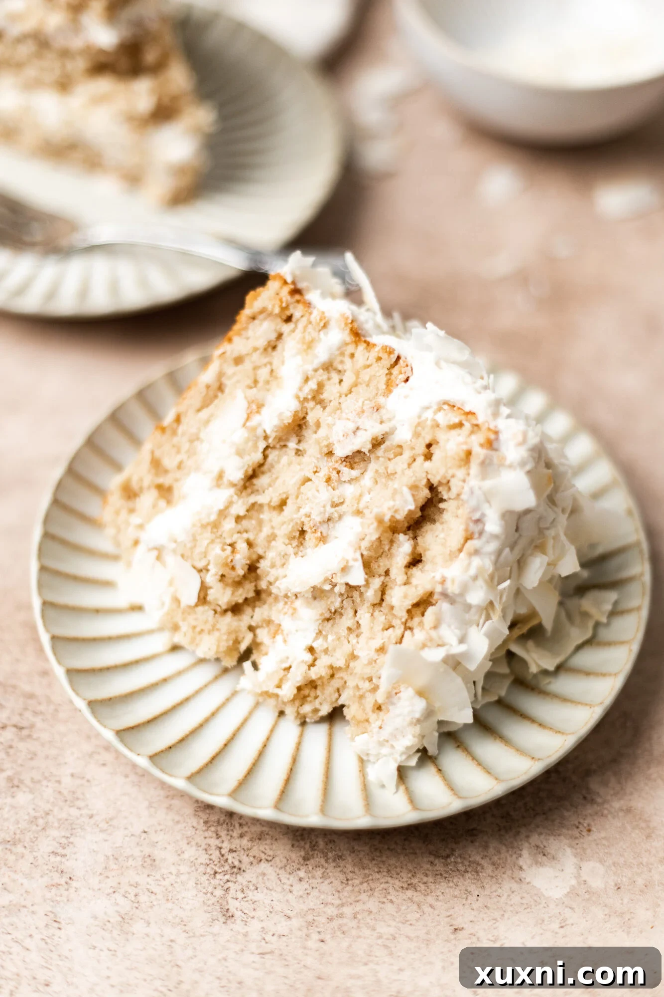 A delightful slice of fluffy vegan coconut cake, showcasing its beautiful layers and generously applied dairy-free frosting.