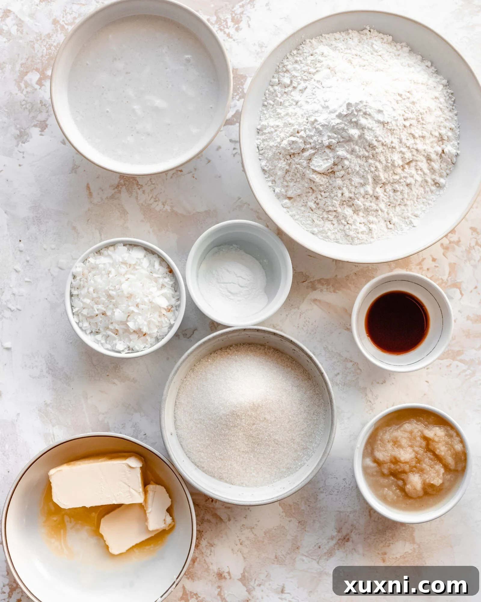 A flat lay of all the fresh ingredients needed to bake the vegan coconut cake, including flour, sugar, vegan butter, and coconut milk.