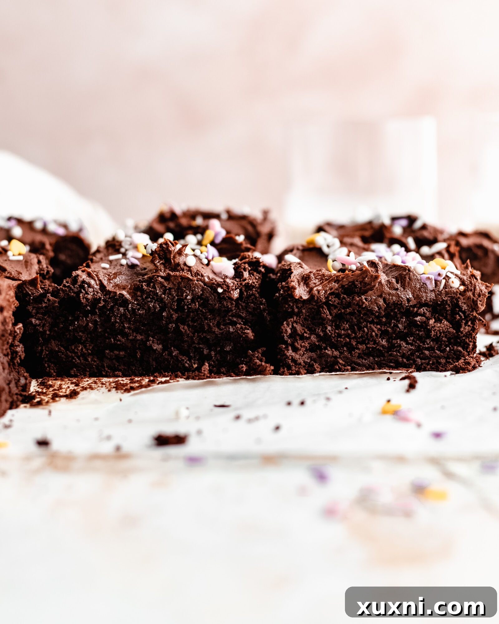 Best Ever Vegan Chocolate Sheet Cake (Gluten Free + Oil Free!), topped with a generous layer of frosting.