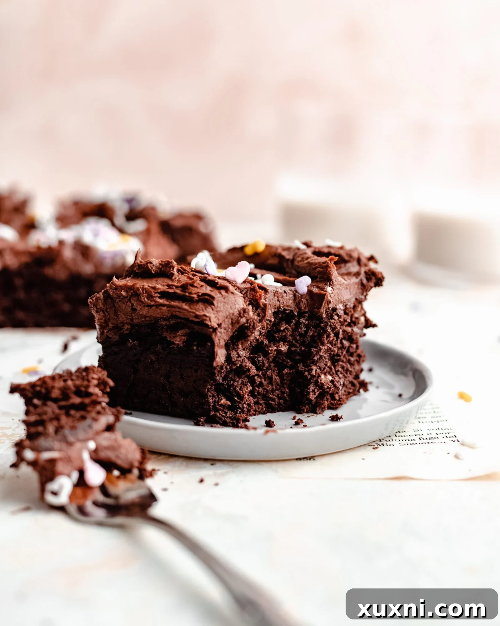 A slice of vegan gluten-free chocolate cake with a bite taken out, showing the moist interior and sprinkles.