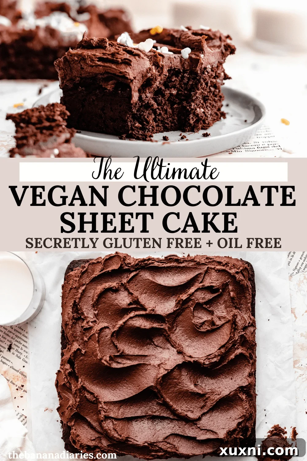 Pinterest graphic: 'Best Ever Vegan Chocolate Sheet Cake (Gluten Free + Oil Free!)' to save for later.
