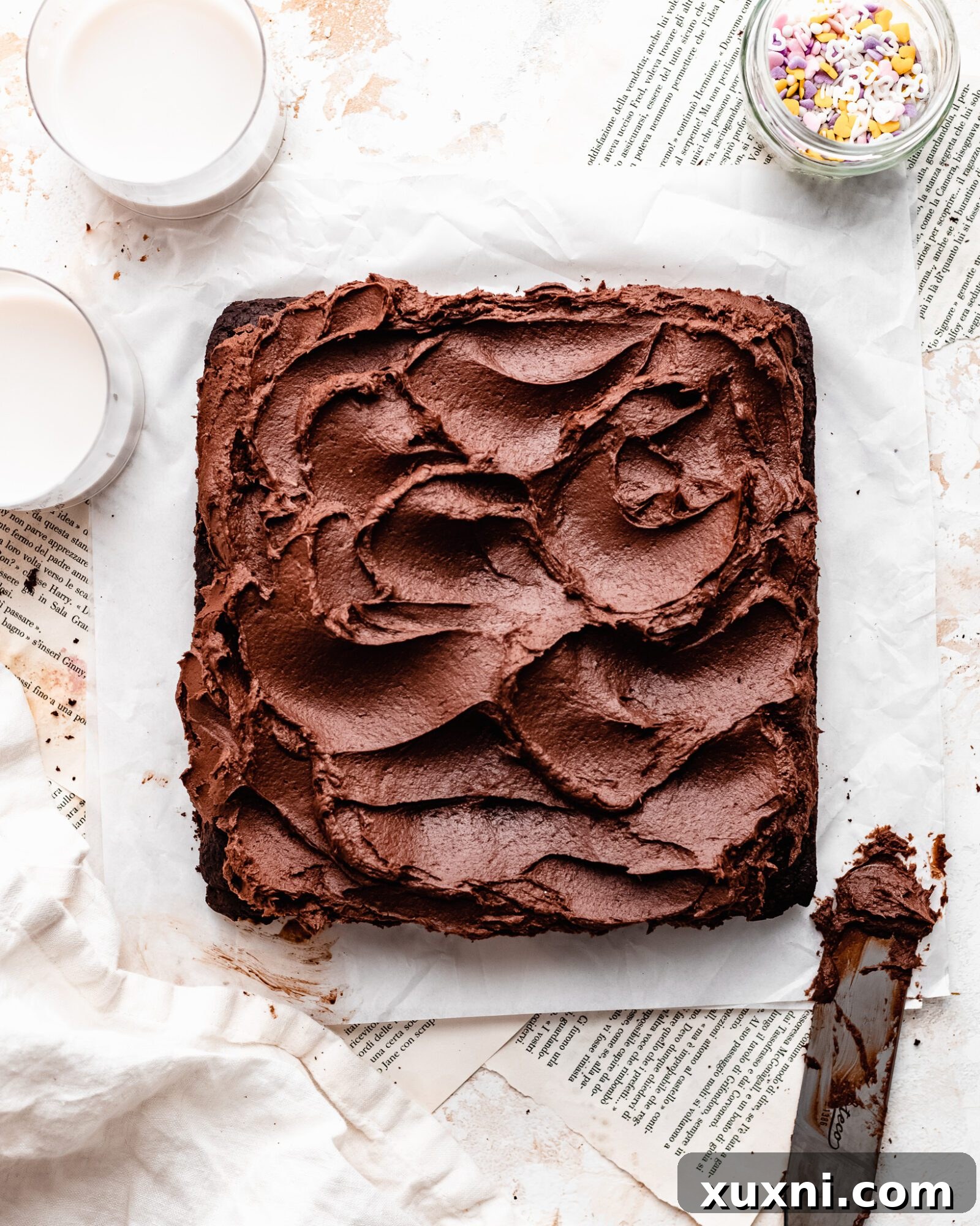 Overhead view of a beautifully frosted vegan chocolate sheet cake, ready to be served.