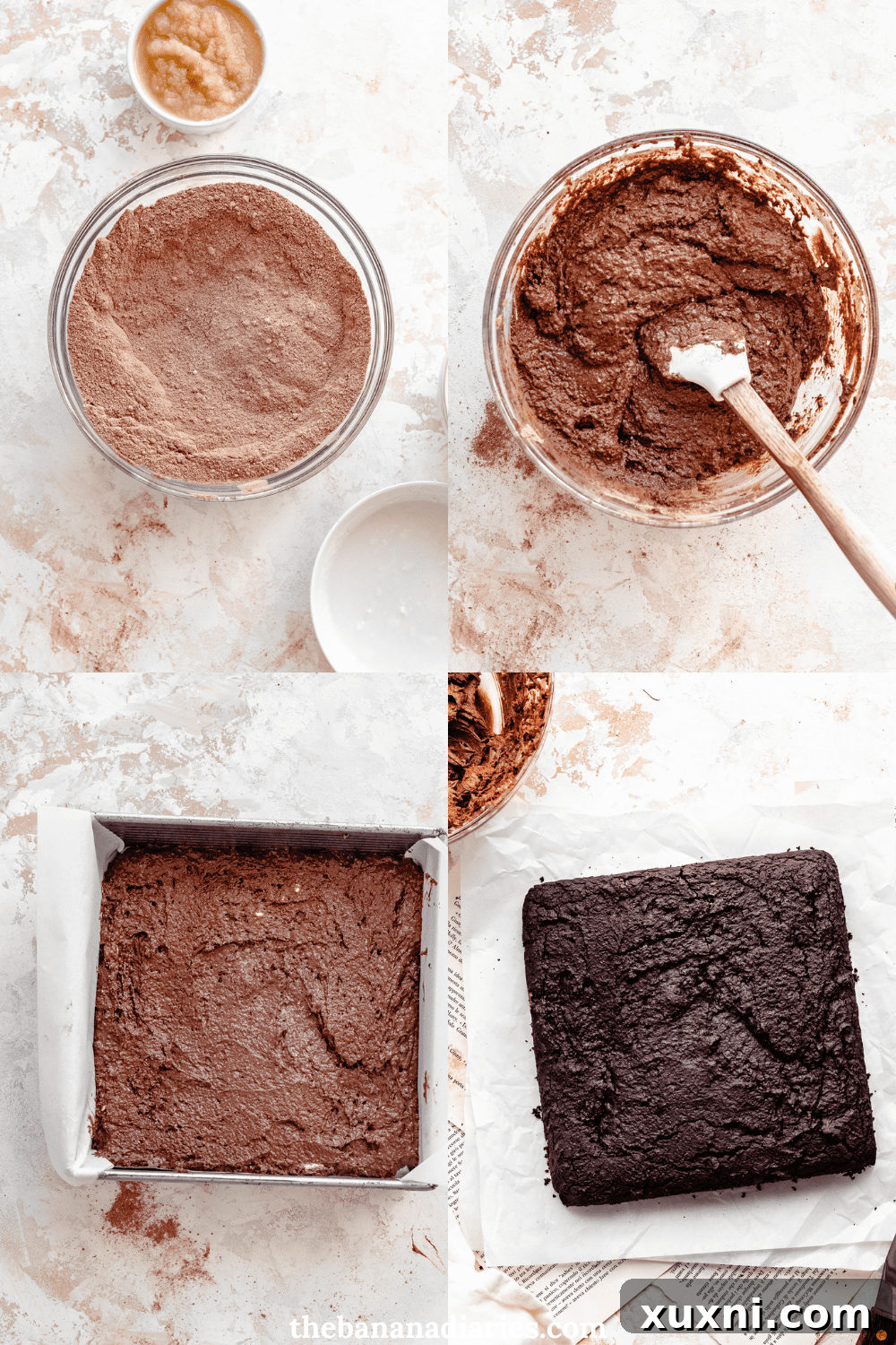 Step-by-step imagery showing the process of making a chocolate sheet cake from scratch, from mixing to pouring into the pan.