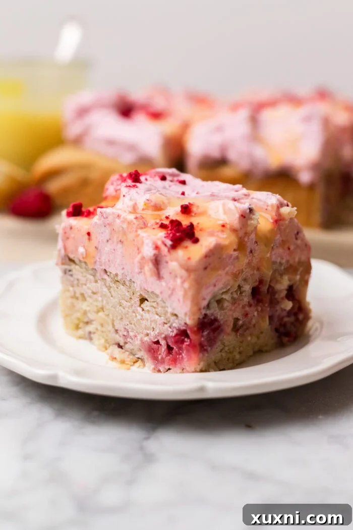 Zesty & Moist One-Bowl Vegan Raspberry Lemon Sheet Cake with Tangy Lemon Curd 2 A vibrant slice of vegan raspberry lemon cake topped with fluffy raspberry frosting and fresh lemon curd, showcasing its moist texture.