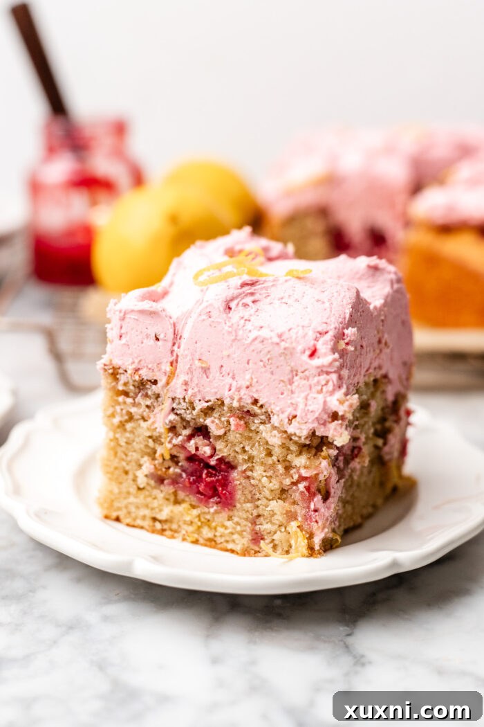 Zesty & Moist One-Bowl Vegan Raspberry Lemon Sheet Cake with Tangy Lemon Curd 12 A close-up of the top of a vegan raspberry lemon cake, with swirls of pink frosting and yellow lemon curd.