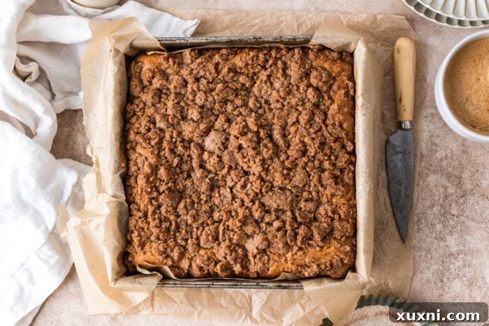 freshly baked vegan coffee cake in a square pan