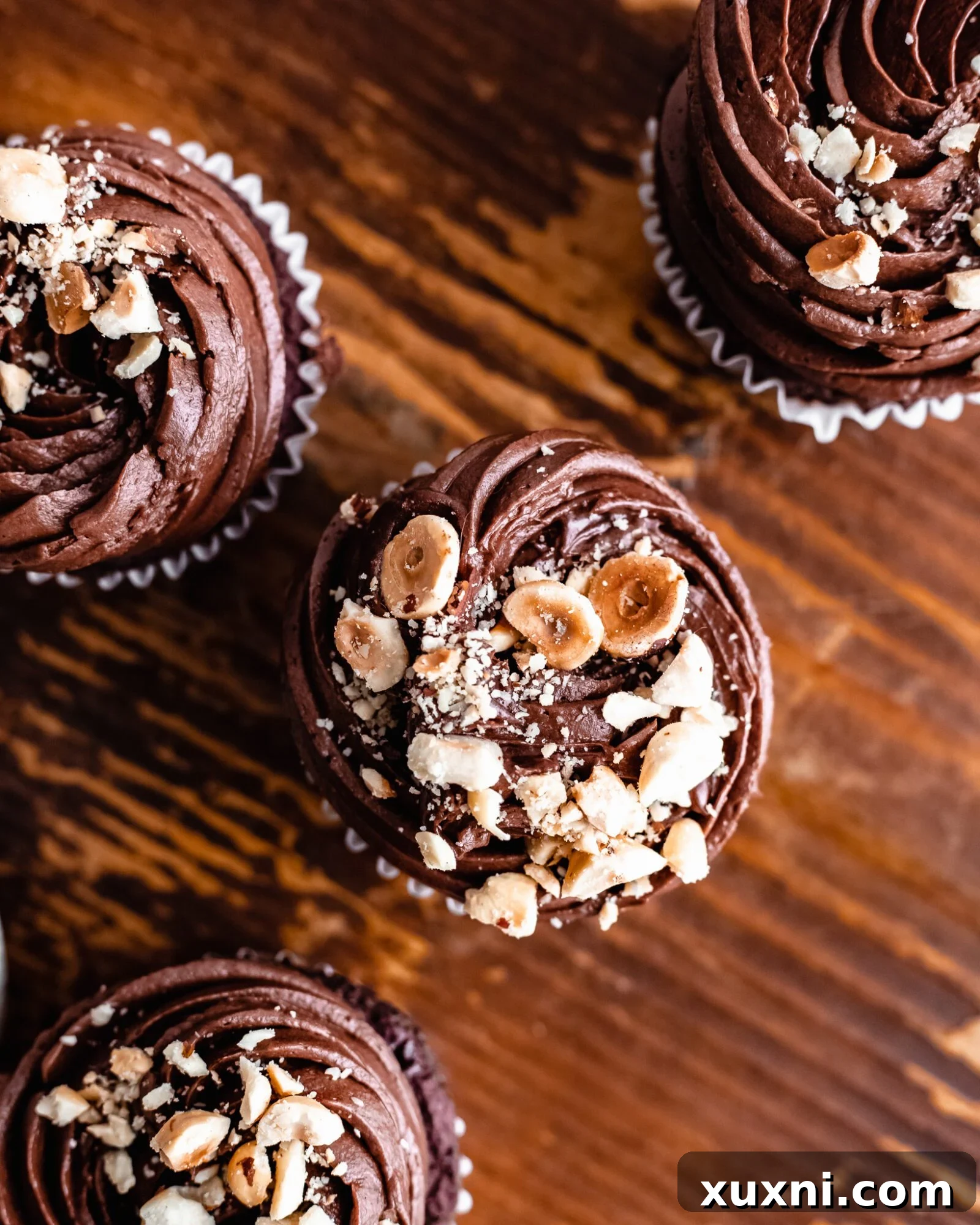 Perfectly frosted vegan chocolate hazelnut cupcakes topped with chopped hazelnuts