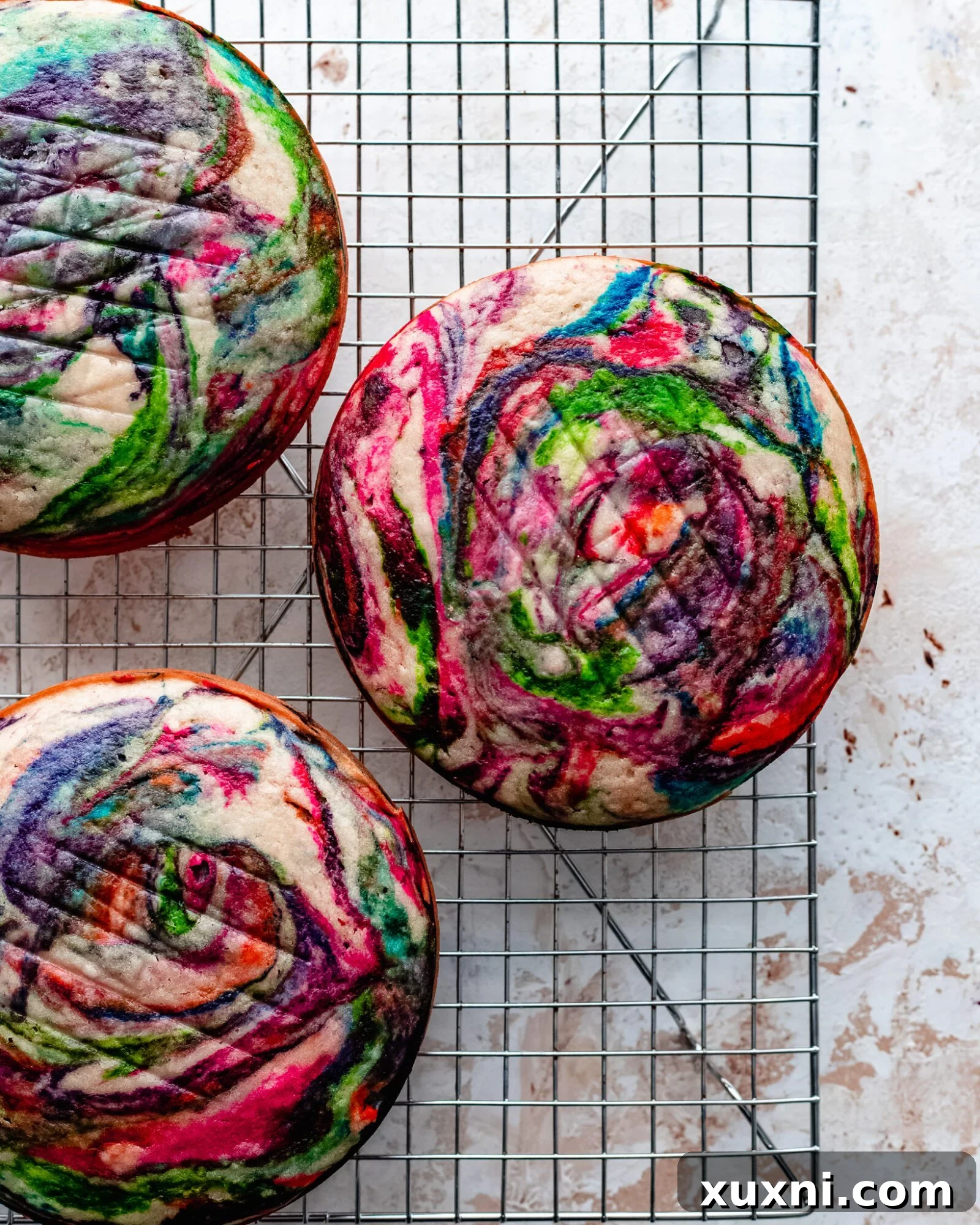 Baked rainbow swirl cake layers fresh from the oven