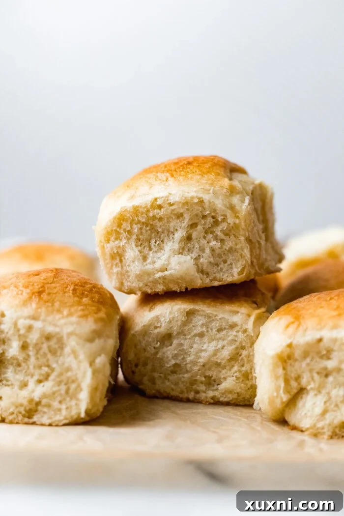 soft and fluffy vegan dinner rolls stacked together