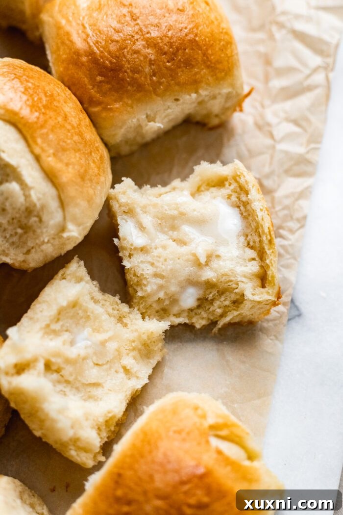 warm vegan dinner rolls split open to reveal fluffy interior