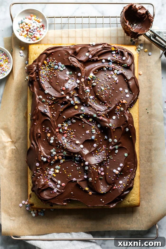 Decorated vegan yellow sheet cake with chocolate frosting and sprinkles