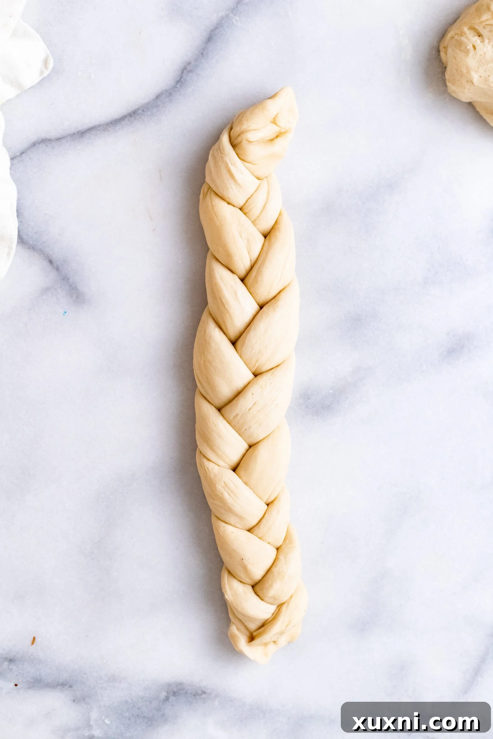 A perfectly braided section of vegan Easter bread dough, showcasing the intricate weave and smooth surface.