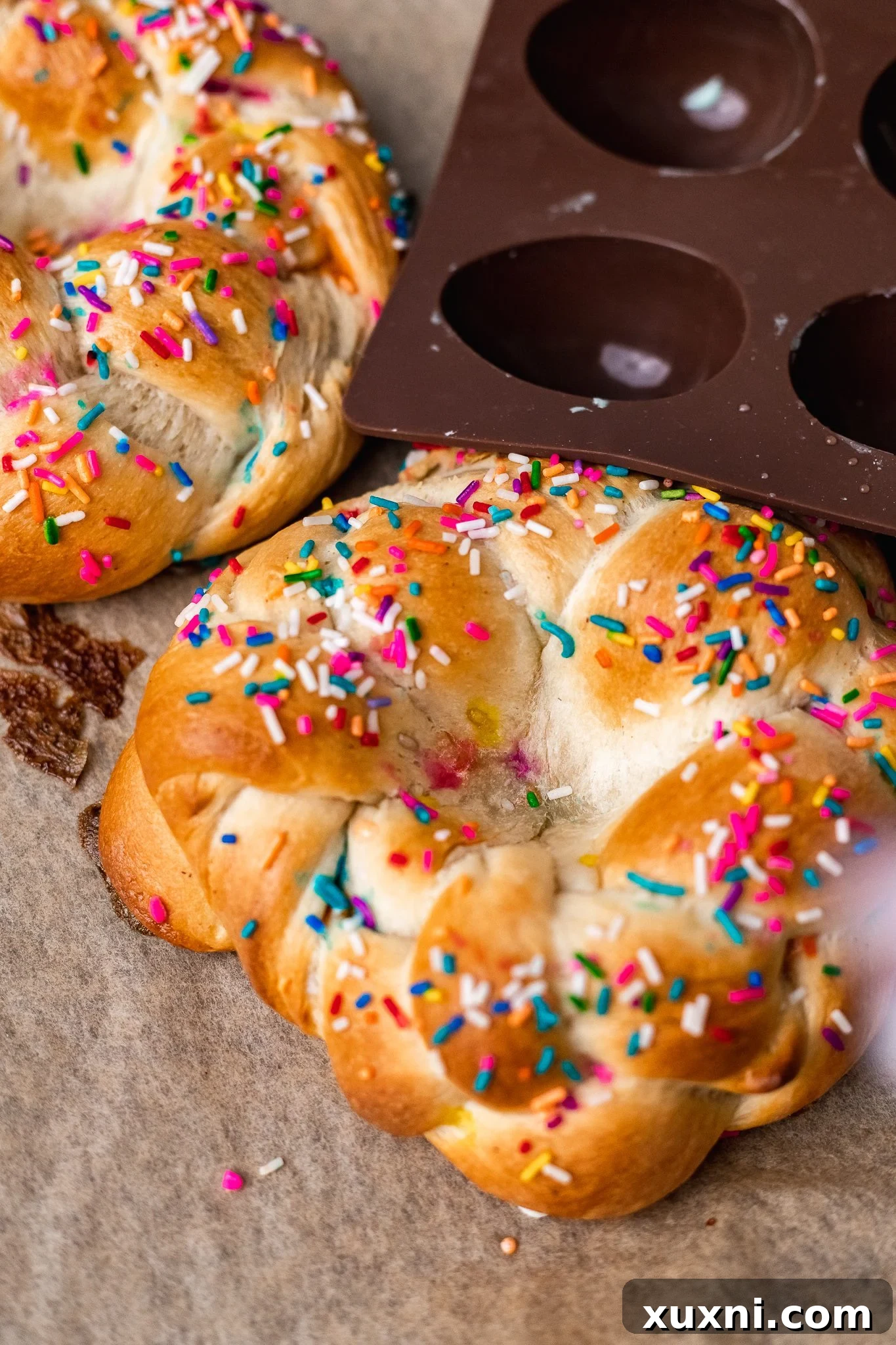 A vegan Italian Easter bread with a perfectly formed cavity, awaiting its beautiful vegan white chocolate egg centerpiece.