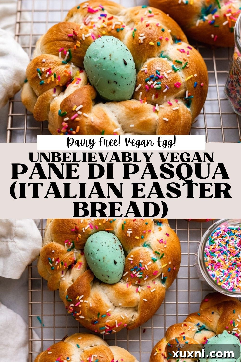 A stunning Pinterest image of Vegan Pane di Pasqua (Italian Easter bread) featuring the braided bread and homemade vegan white chocolate egg.