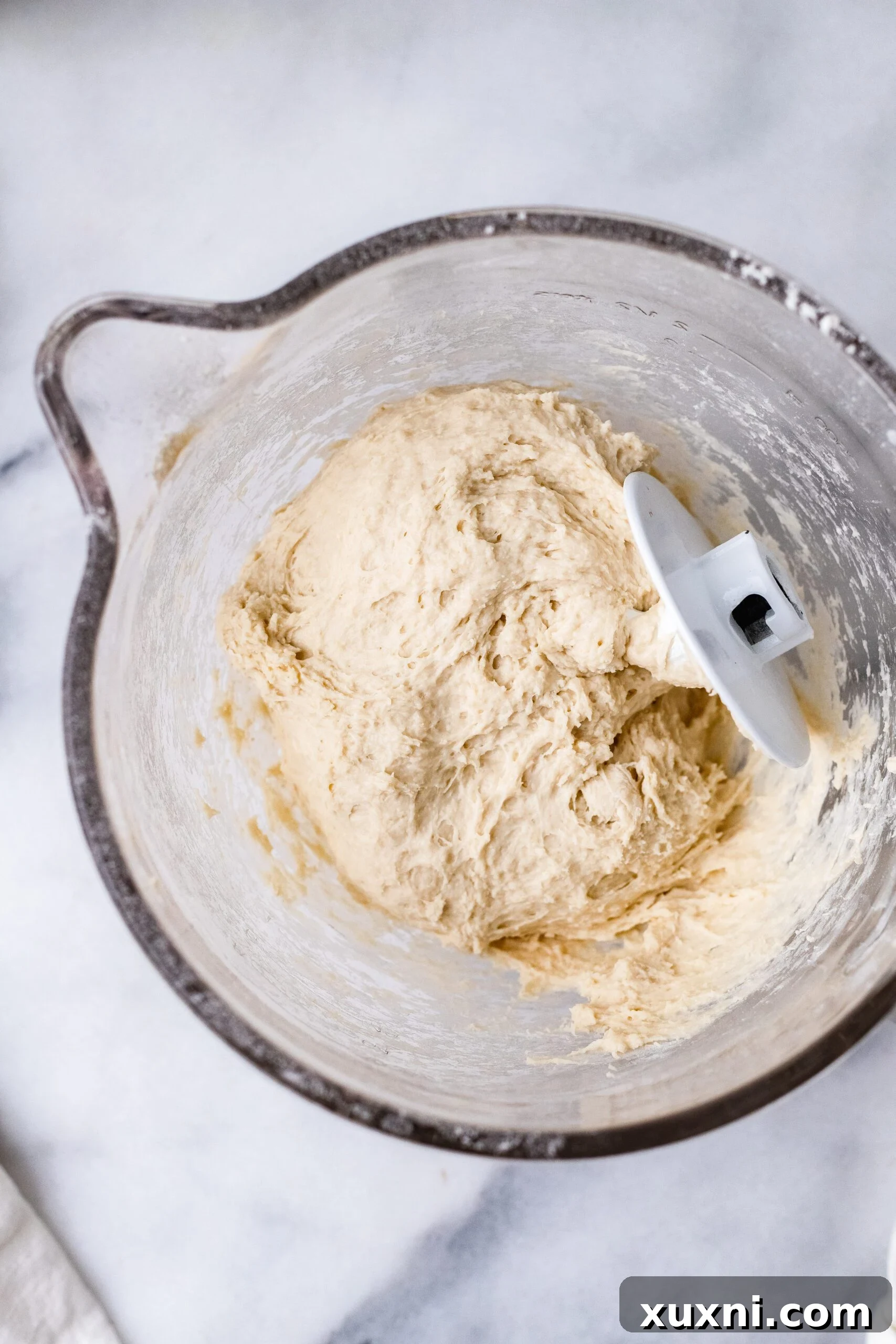 Raw vegan Italian Easter bread dough in a mixing bowl, smooth and ready for its first rise.