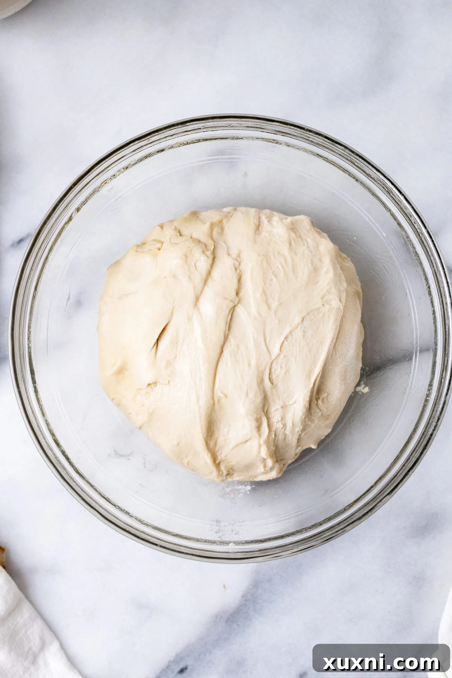Formed ball of vegan Pane di Pasqua dough resting in a bowl, covered and ready for its initial proofing.