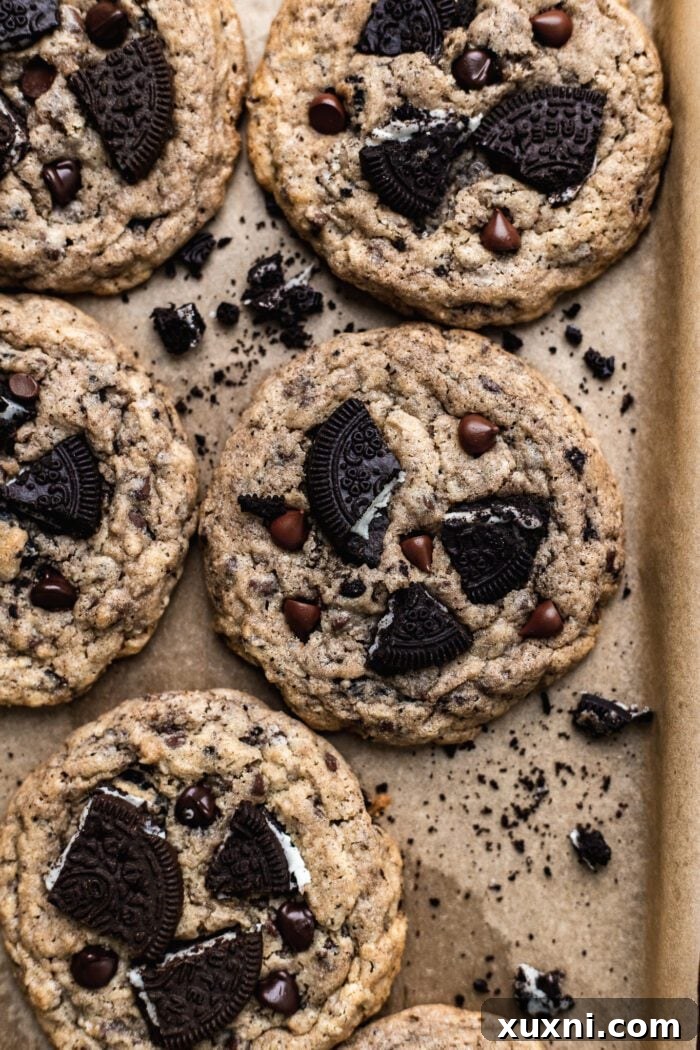 Freshly baked gluten-free Oreo chocolate chip cookies cooling on a parchment-lined baking sheet, showcasing their soft texture and generous cookie and chocolate chunks.