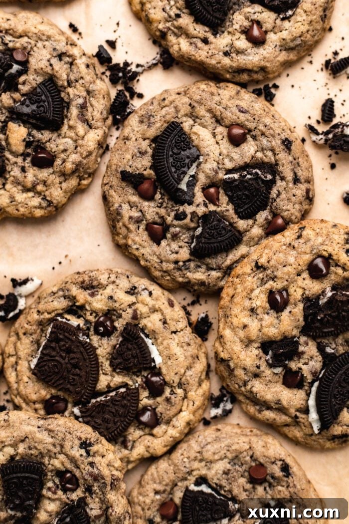 A stack of perfectly baked gluten-free Oreo chocolate chip cookies on parchment paper, highlighting their golden edges and plentiful mix-ins.