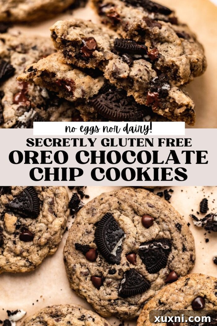 Pinterest optimized image for vegan gluten-free Oreo chocolate chip cookies, featuring a stack of delicious cookies.
