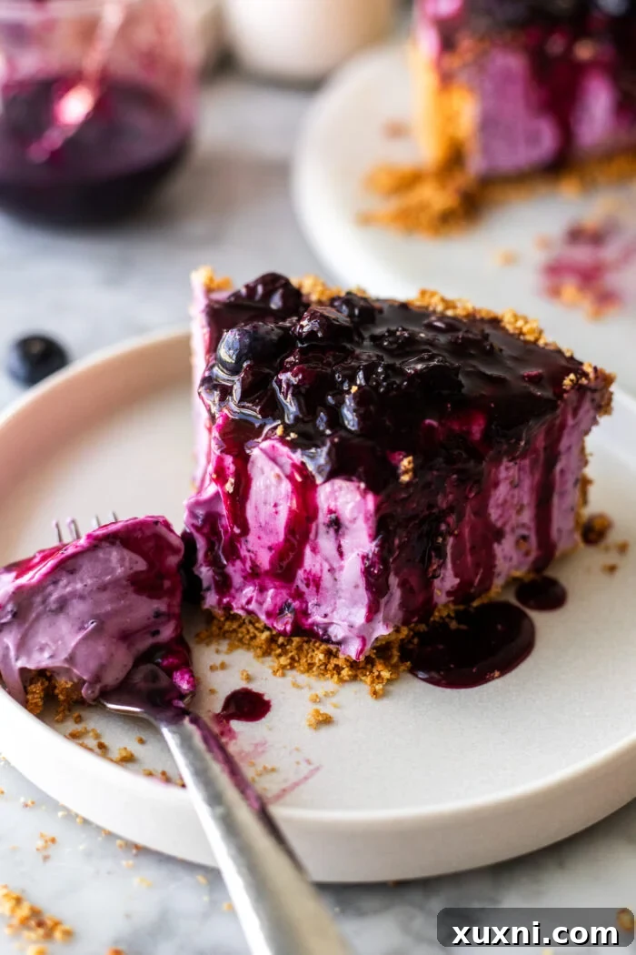 A beautifully sliced vegan no-bake blueberry cheesecake on a white plate, showcasing its vibrant purple filling and golden crust.