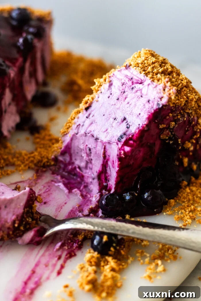 A close-up of a partially eaten slice of vegan blueberry cheesecake, showing its smooth, creamy interior.