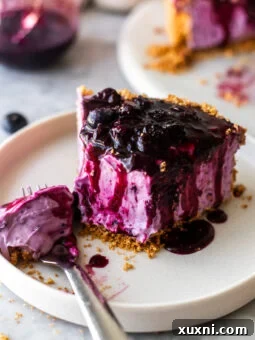 slice of vegan no bake blueberry cheesecake on a plate