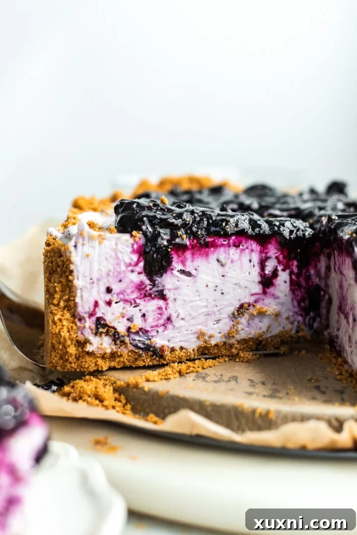 Close-up shot of a whole vegan blueberry cheesecake, with a single slice removed to reveal its creamy texture and vibrant color.