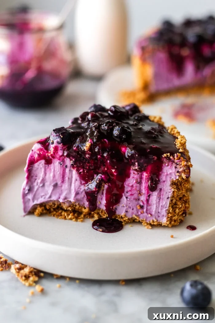 A freshly sliced vegan blueberry cheesecake, topped with more blueberries, ready to be served.