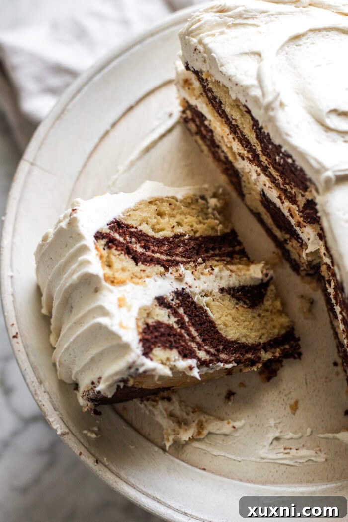 A single slice of vegan zebra cake artfully placed on a cake stand.