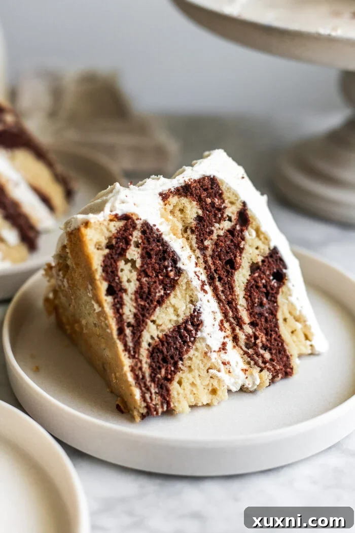 A tempting slice of vegan zebra cake on a white plate.