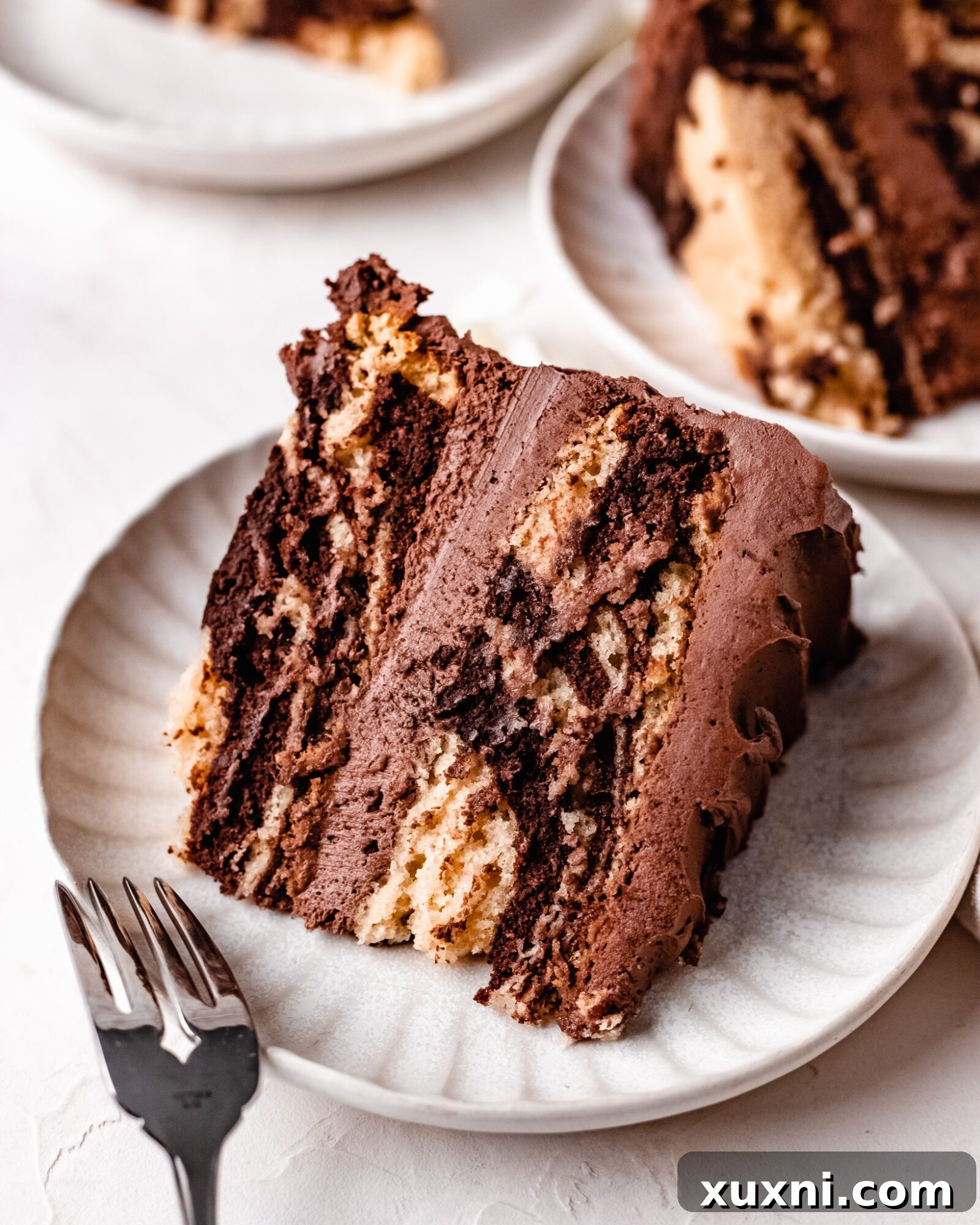 Close-up of a sliced vegan zebra cake, revealing the intricate patterns of chocolate and vanilla cake layers.