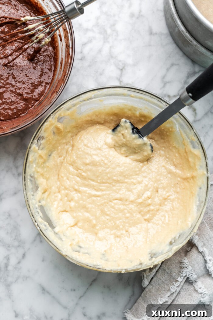 Two bowls of vegan cake batter, one vanilla and one chocolate, ready for patterning.