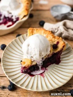 slice of vegan blueberry pie on a plate with vegan ice cream