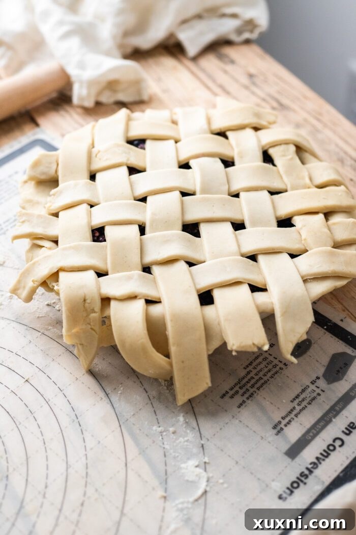 lattice crust over blueberry pie