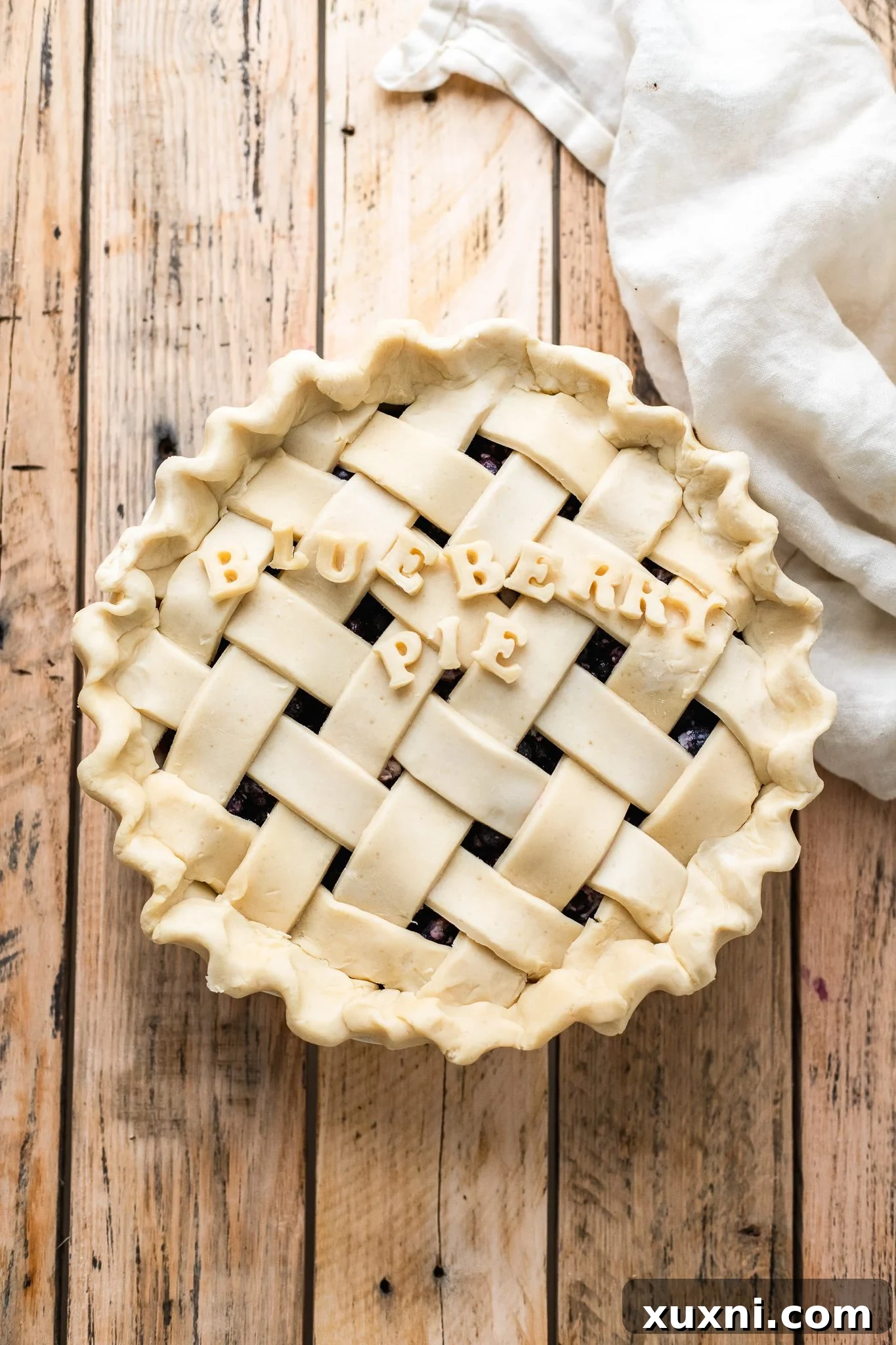 lattice crust over blueberry pie with pie crust cut outs