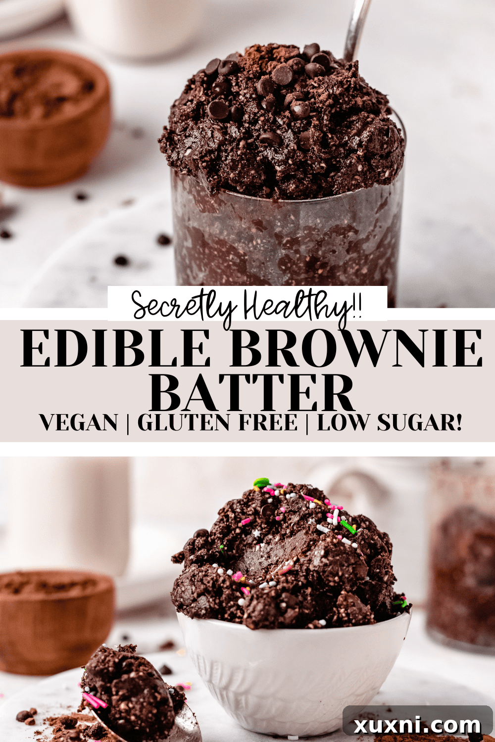 Healthy Edible Brownie Batter (Gluten Free Vegan!) - A Pinterest-friendly vertical image of the brownie batter.