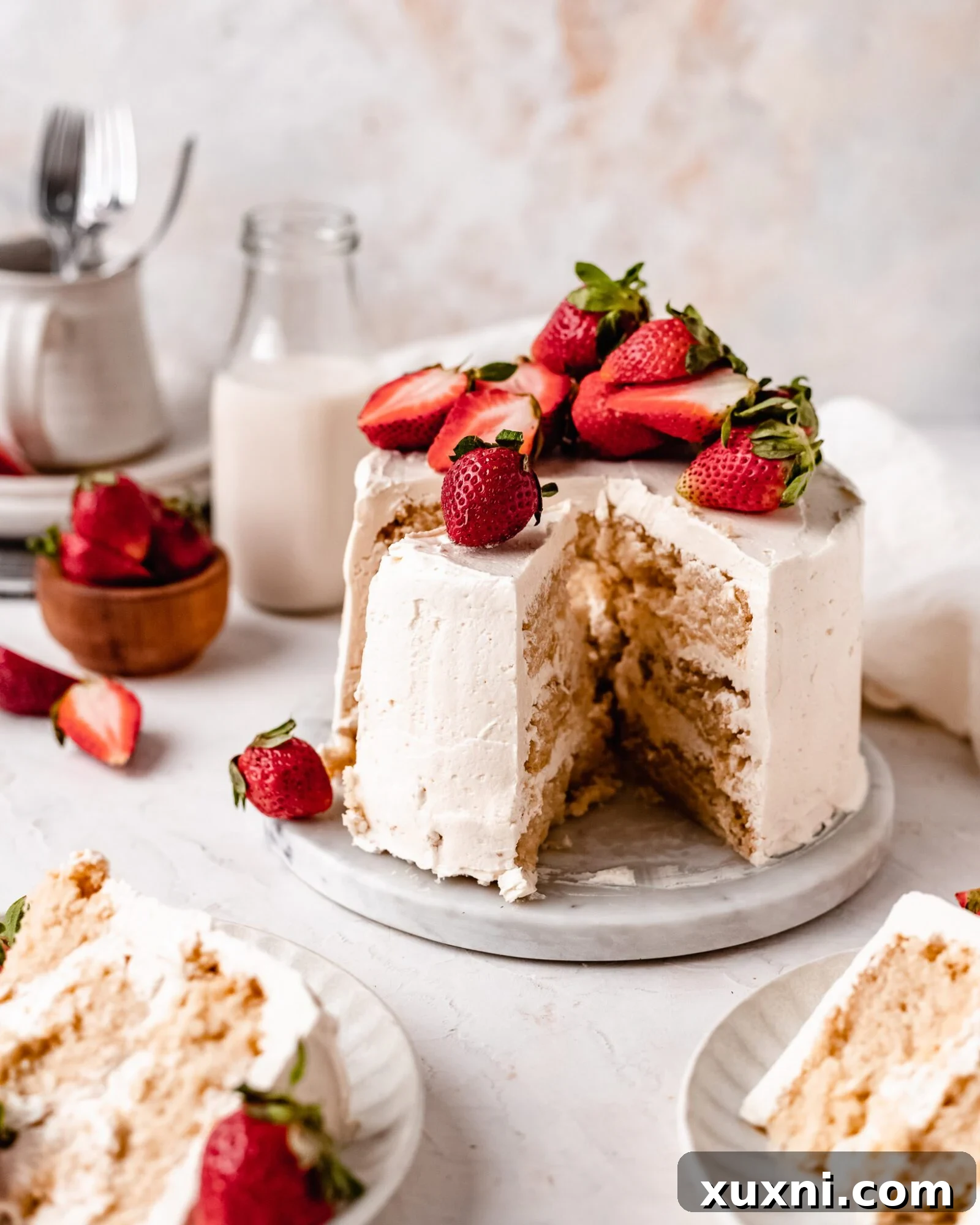 Delicate Strawberry Vanilla Chiffon Cake with fresh strawberries, eggless and dairy-free, ready for any celebration.