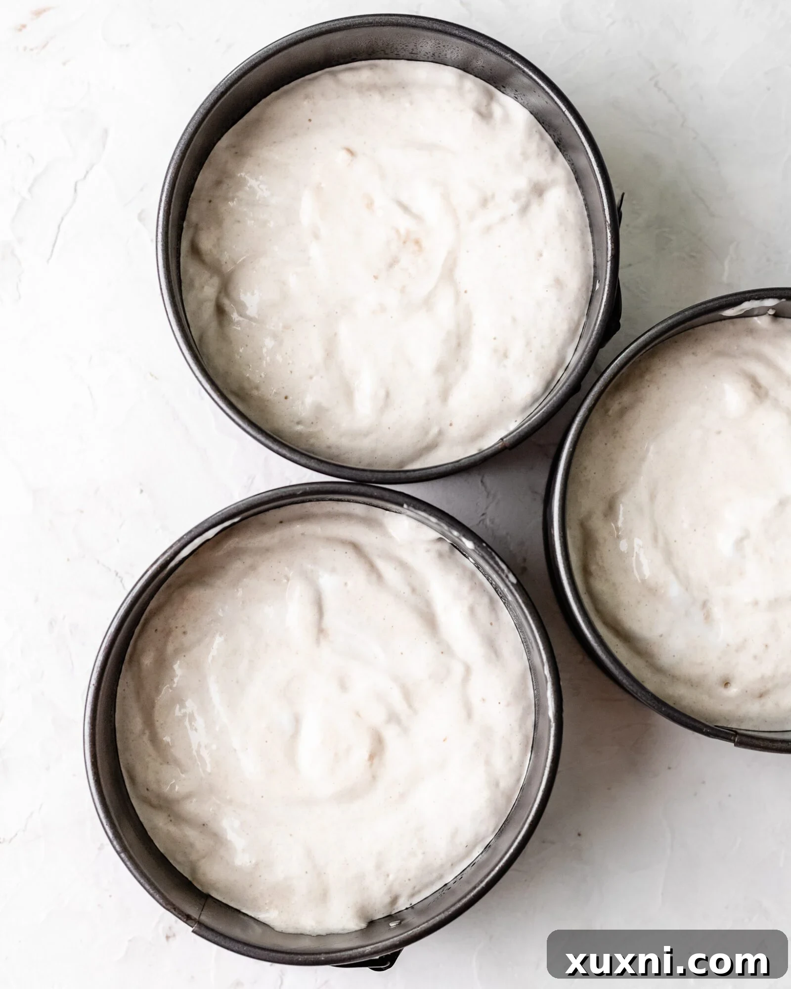 Vegan chiffon cake batter evenly divided into three round cake pans, prepared for baking.