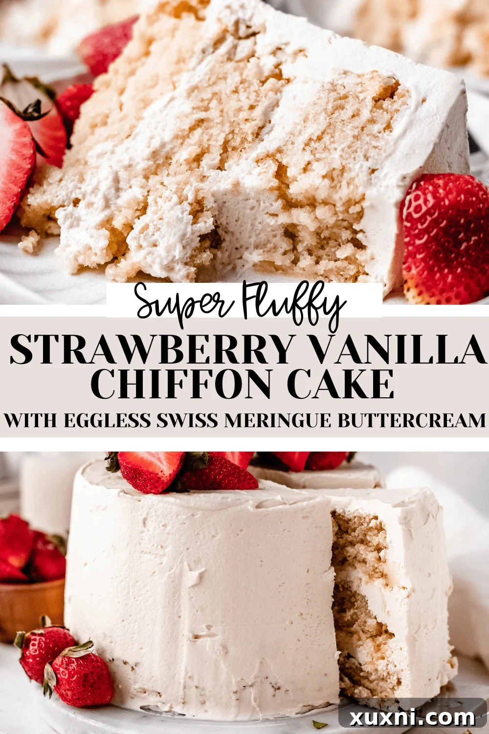 Pin-worthy image of a beautifully frosted Strawberry Vanilla Chiffon Cake with fresh strawberries, eggless and dairy-free.