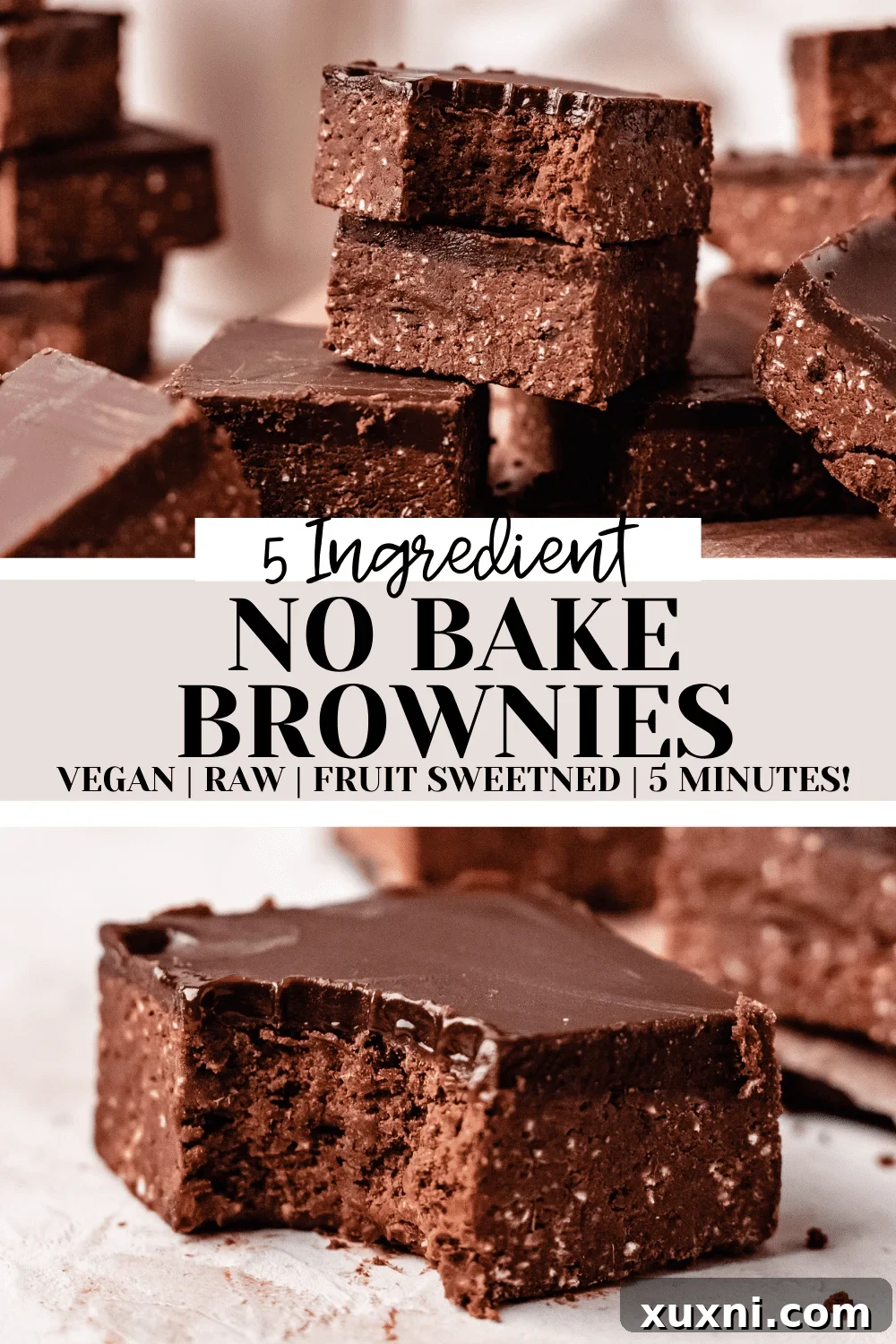 A stunning healthy no-bake brownie pin image for Pinterest, featuring the delicious dessert.