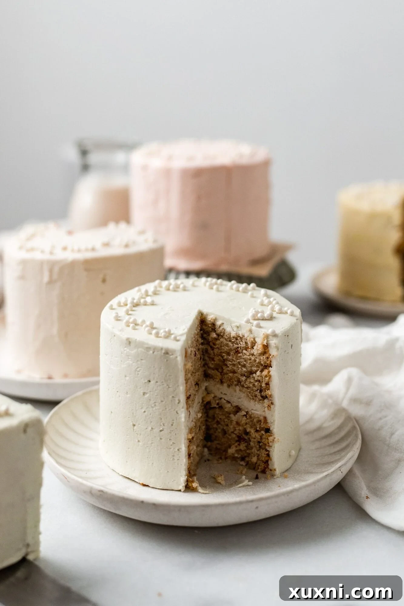 Five beautifully decorated vegan mini cakes in various flavors: red velvet, pistachio, Funfetti, lemon, and vanilla.