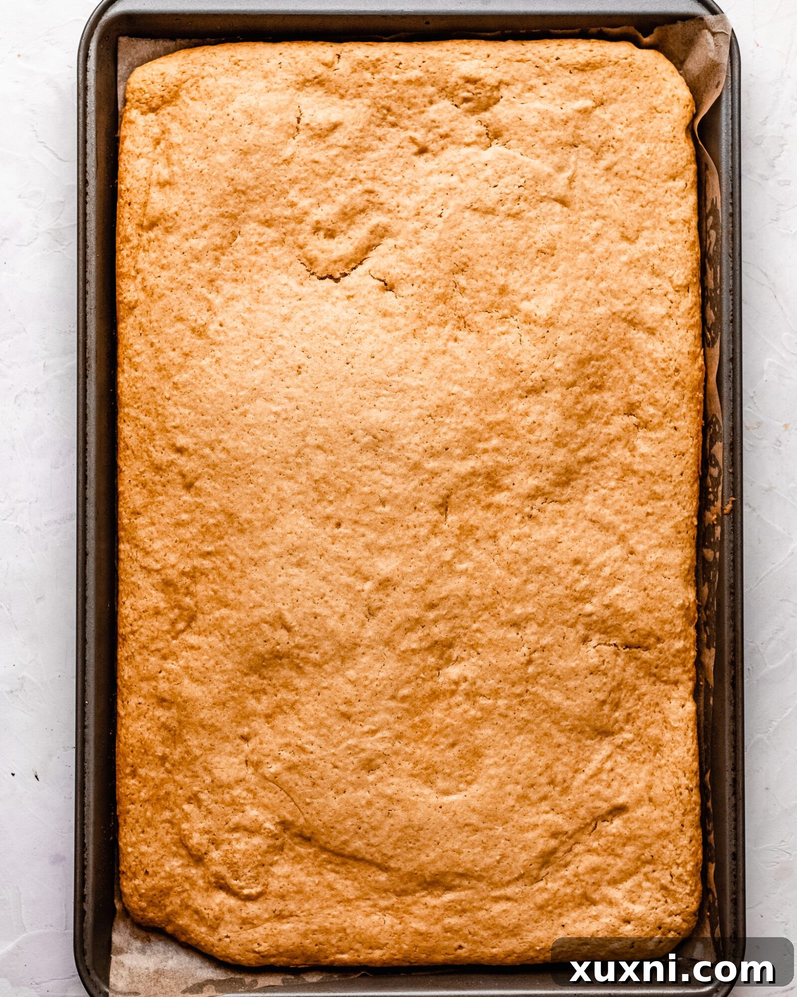 An empty 8x8 inch square baking pan, lined with parchment paper, ready for cake batter.