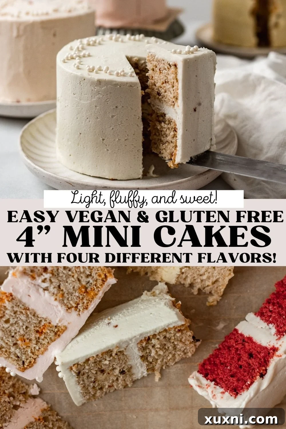 A collection of five beautifully decorated vegan mini cakes in various flavors: red velvet, pistachio, Funfetti, lemon, and vanilla. Perfect for any celebration.