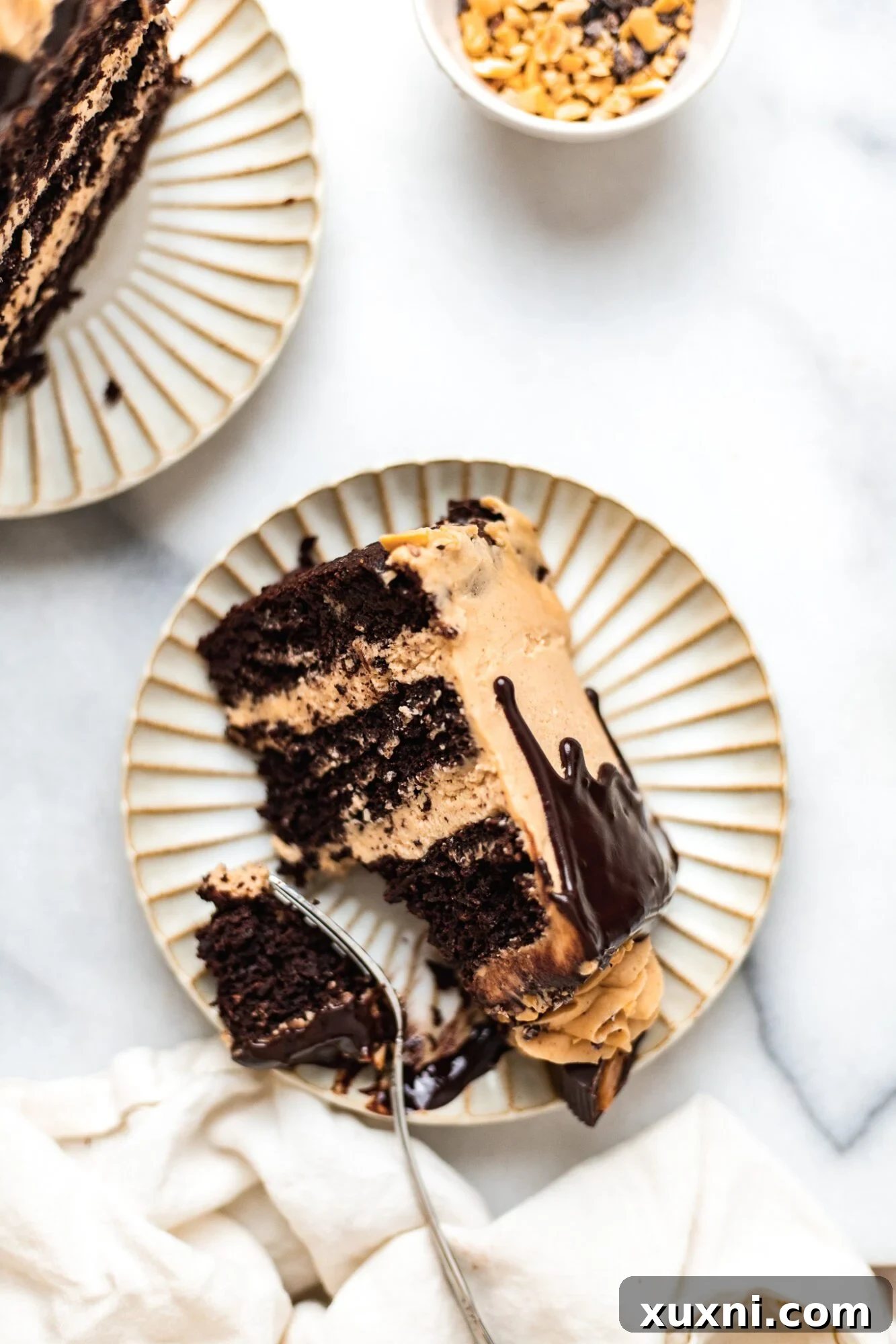35 Delicious Vegan Cake Recipes Everyone Will Love 6 A decadent slice of vegan chocolate peanut butter cake on a white plate