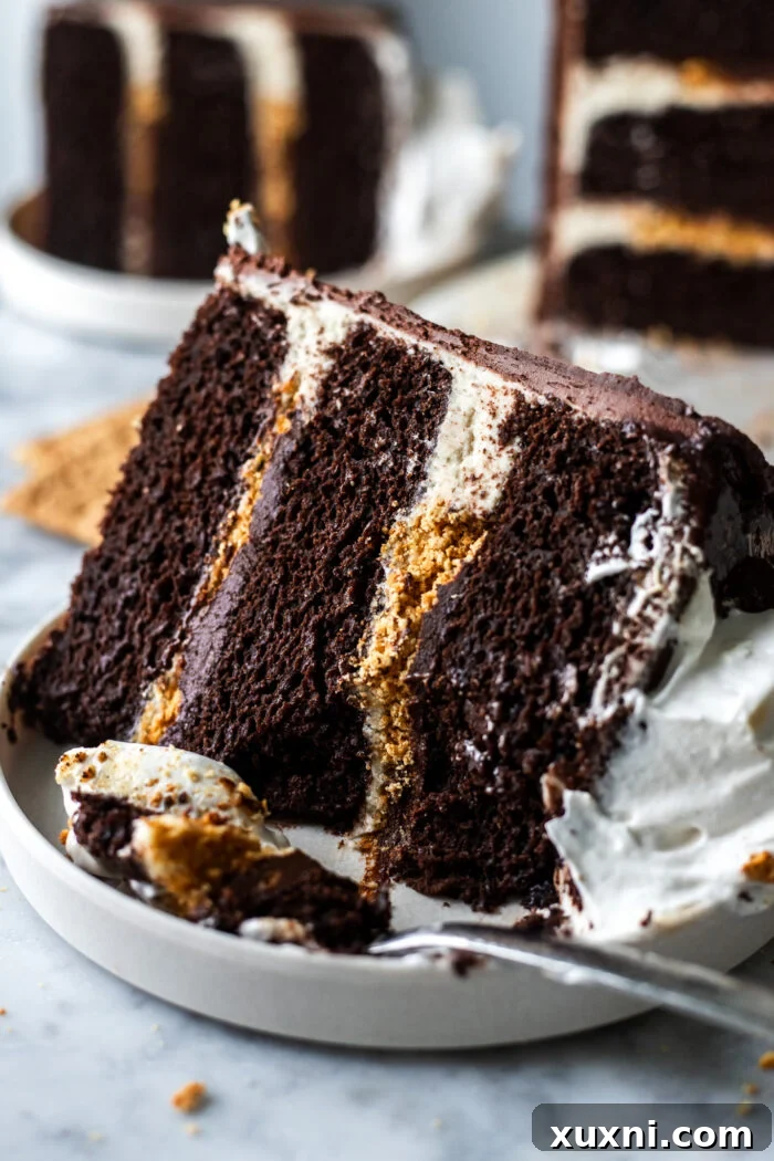A close-up of a bitten slice of vegan s'mores cake, showing the texture and layers